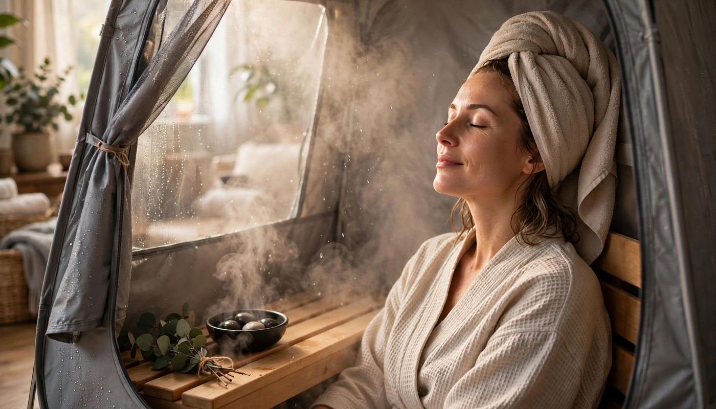 How often to use a portable sauna How often should you use a portable sauna? Person relaxing inside a portable sauna tent during a morning wellness routine