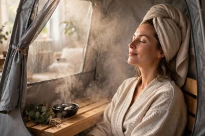 How Often Should You Use a Portable Sauna? 2026 Guide 2 Woman with towel turban relaxing in portable sauna tent