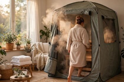 Portable Sauna Reviews, Guides and Comparisons 12 Woman stepping into a steaming portable sauna tent at home