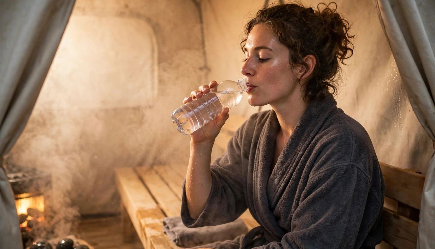 Staying hydrated during portable sauna use Can a portable sauna cause dehydration? Person drinking water from a bottle inside a portable sauna tent