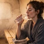 Woman in bathrobe drinking water inside steaming sauna tent
