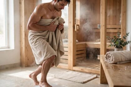Portable Sauna for Weight Loss: The Truth (2026) 1 Man wrapped in towel stepping out of sauna