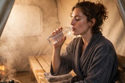 Can a Portable Sauna Cause Dehydration? 6 Warning Signs 3 Woman in bathrobe drinking water inside steaming sauna tent