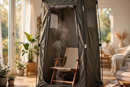 Portable Sauna Reviews, Guides and Comparisons 10 Open portable sauna tent with wooden chair and steam indoors