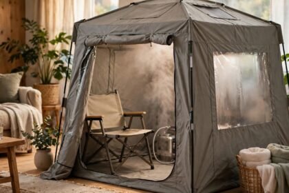 Portable Sauna Reviews, Guides and Comparisons 6 Grey portable sauna tent with chair indoors