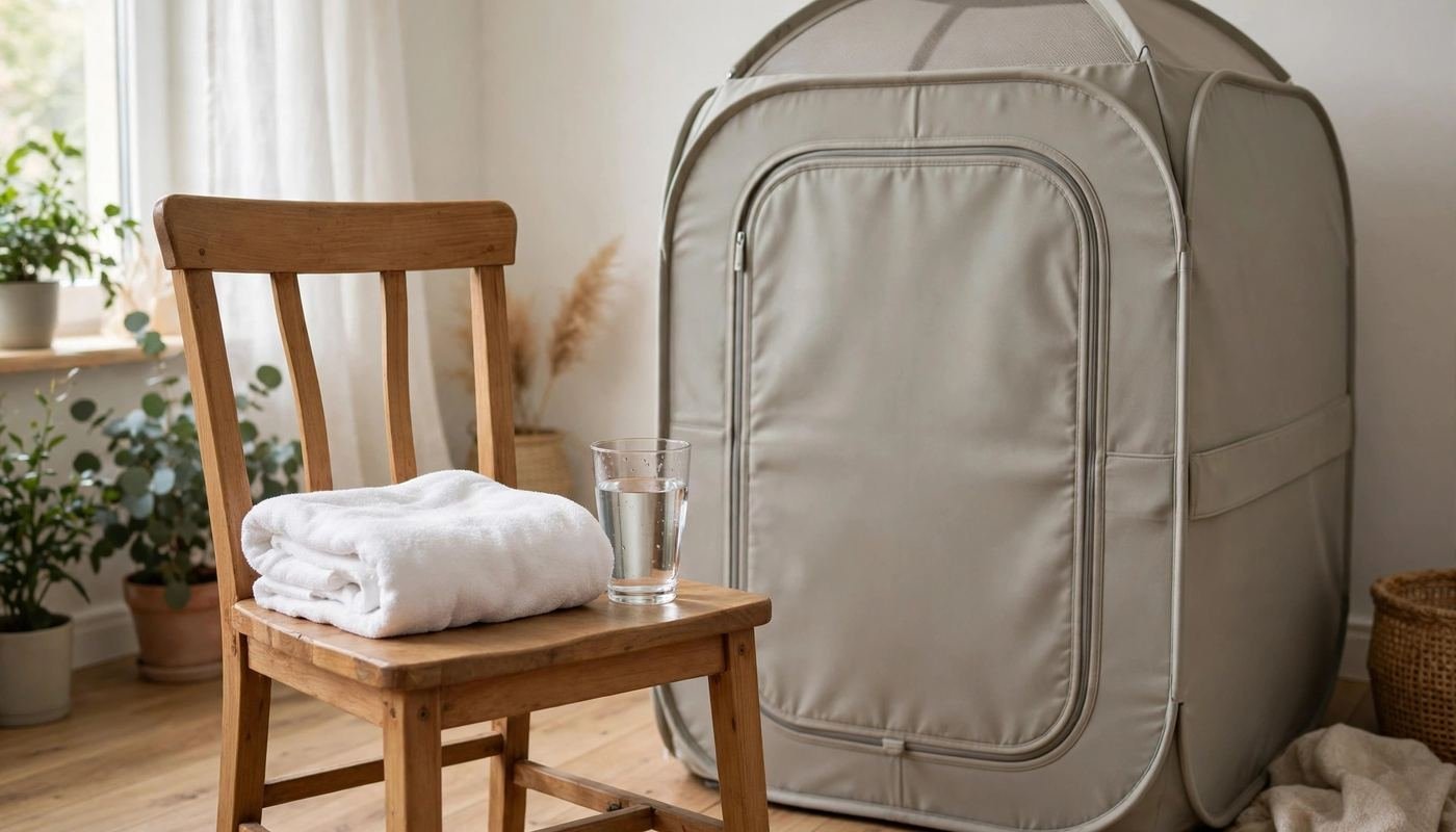 Hydration essentials for sauna sessions Glass of water and towel on a chair next to a portable sauna tent