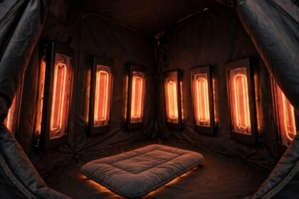 Portable Sauna Reviews, Guides and Comparisons 7 Infrared heating panels glowing inside a portable sauna