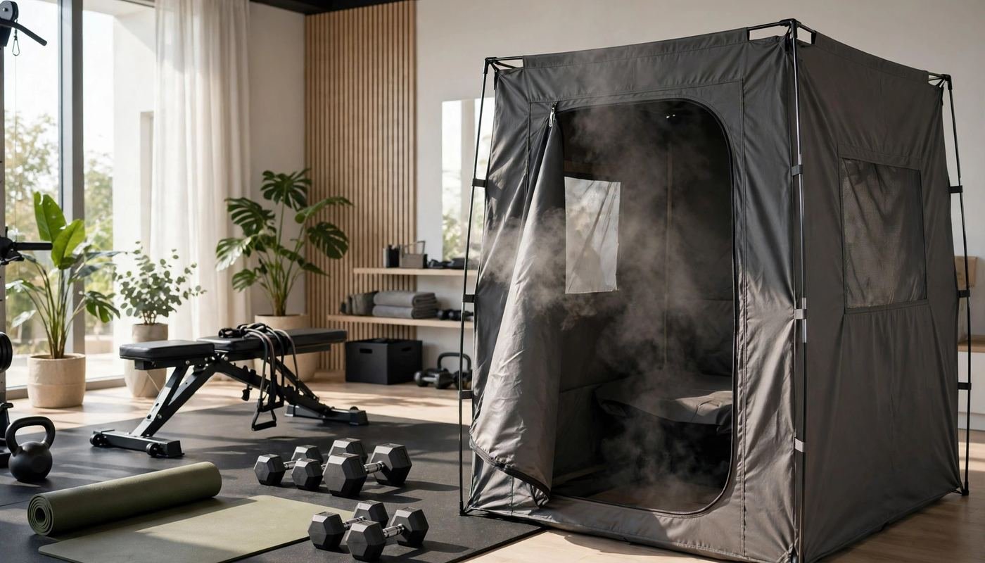 Sauna frequency for active users Portable sauna tent set up in a home gym next to workout equipment