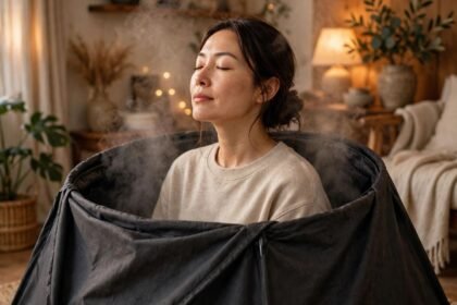 Portable Sauna Reviews, Guides and Comparisons 11 Woman relaxing in a steaming portable sauna tent at home