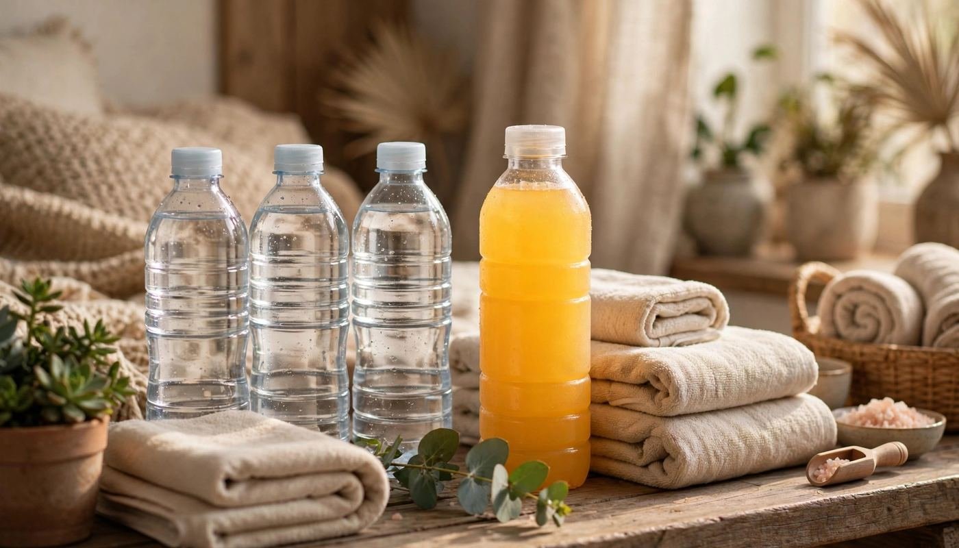 Water and electrolytes for sauna hydration Water bottles and electrolyte drink on a wooden bench with towels
