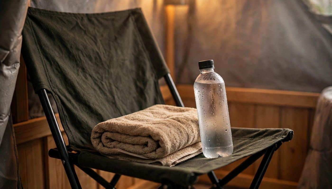 Hydration between sauna sessions Water bottle and towel resting on a folding chair inside a sauna tent