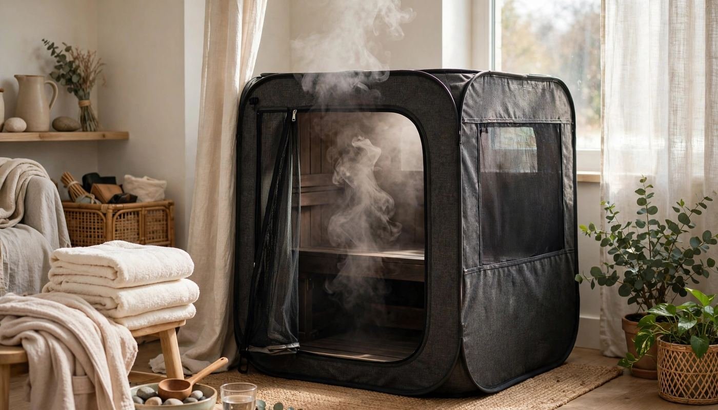 Portable sauna steam session at home Steam rising from a portable sauna tent in a bright home room