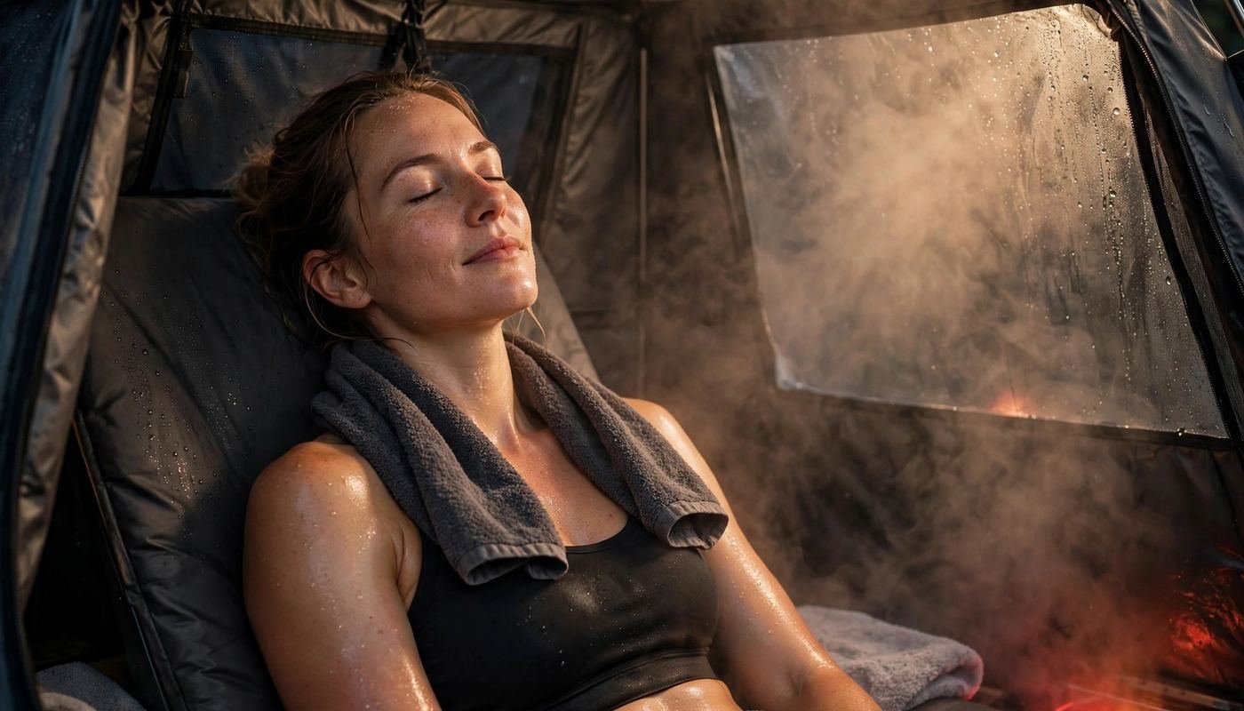 Sauna for post-workout recovery Relaxing in a portable sauna tent after a workout for muscle recovery
