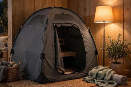 Portable Sauna Reviews, Guides and Comparisons 9 Dark grey portable sauna tent with wooden bench
